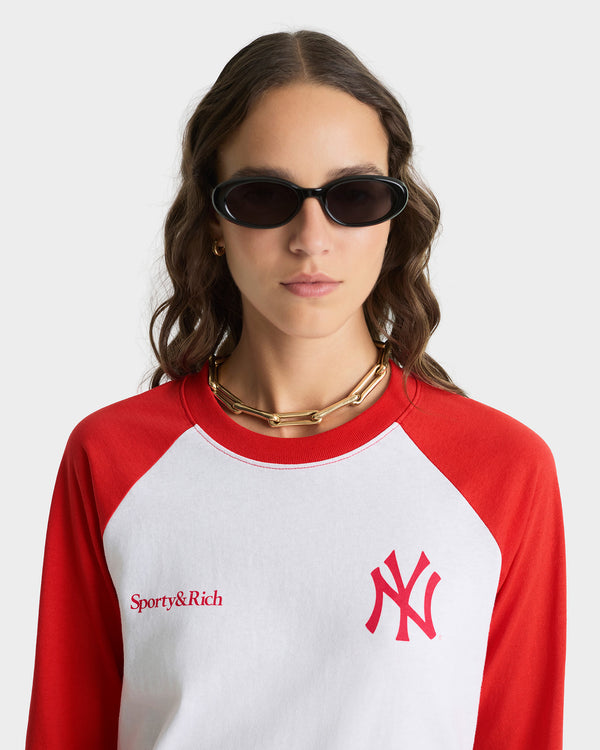 Sporty & Rich Yankees Serif Baseball Tee - White/Red