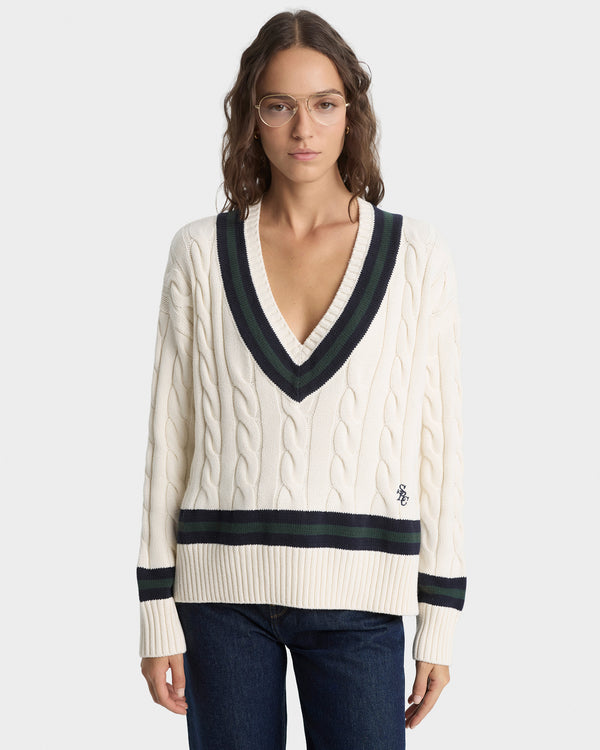 Sporty & Rich SRC Cableknit V-Neck Sweater - Ecru/Navy/Forest