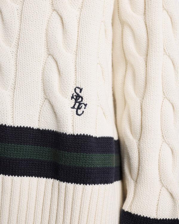 Sporty & Rich SRC Cableknit V-Neck Sweater - Ecru/Navy/Forest