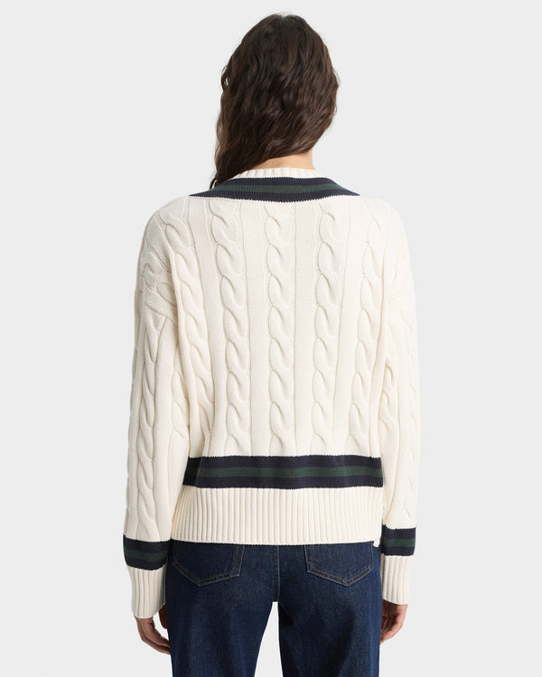Sporty & Rich SRC Cableknit V-Neck Sweater - Ecru/Navy/Forest