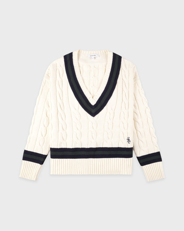 sporty & rich SRC Cableknit V-Neck Sweater - Ecru/Navy/Forest