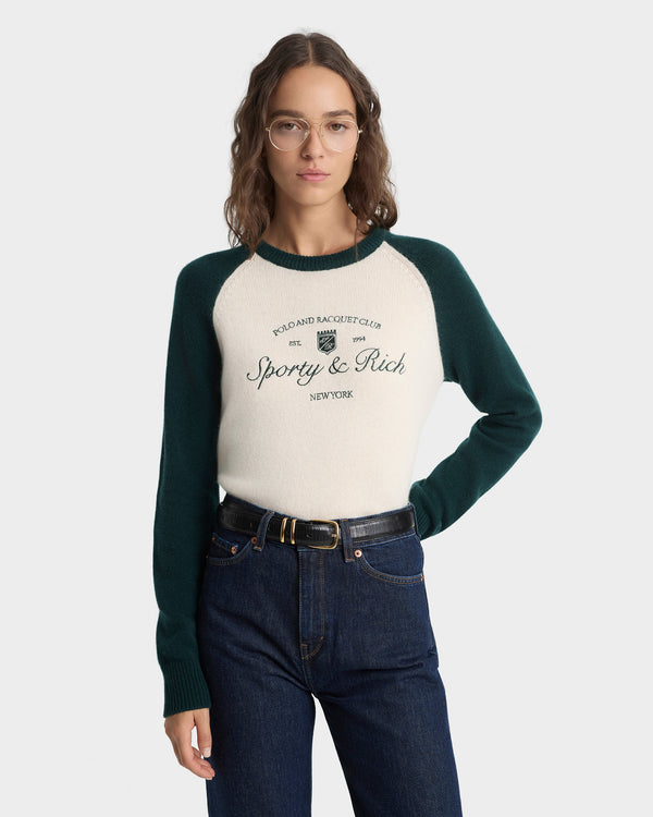 Sporty & Rich Syracuse Cashmere Baseball Sweater - Ecru/Forest