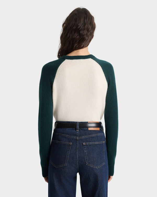 Sporty & Rich Syracuse Cashmere Baseball Sweater - Ecru/Forest
