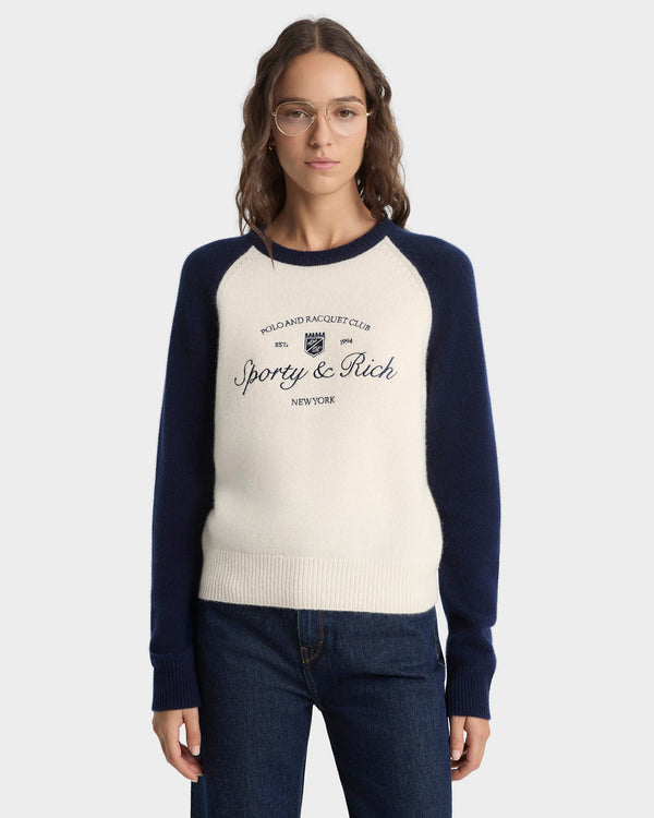 Sporty & Rich Syracuse Cashmere Baseball Sweater - Ecru/Navy