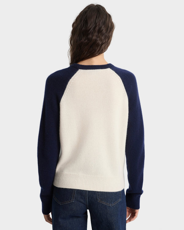 Sporty & Rich Syracuse Cashmere Baseball Sweater - Ecru/Navy