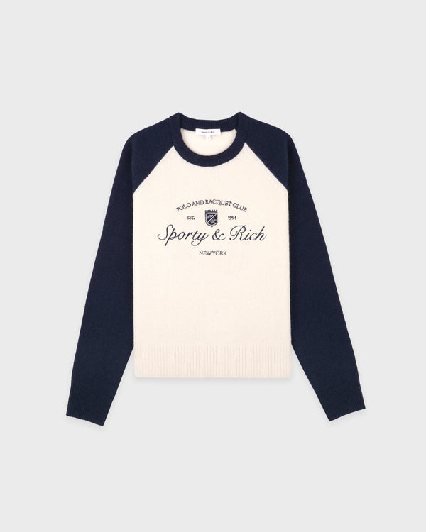 sporty & rich Syracuse Cashmere Baseball Sweater - Ecru/Navy