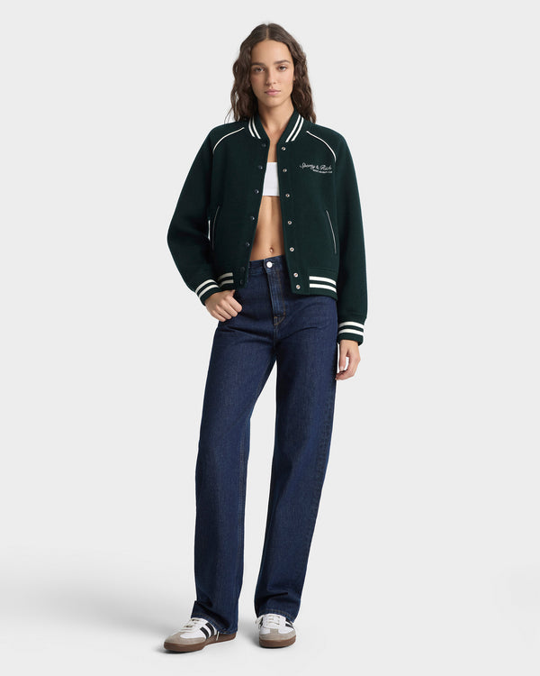 Sporty & Rich Syracuse Double Face Varsity Jacket - Forest/Ecru