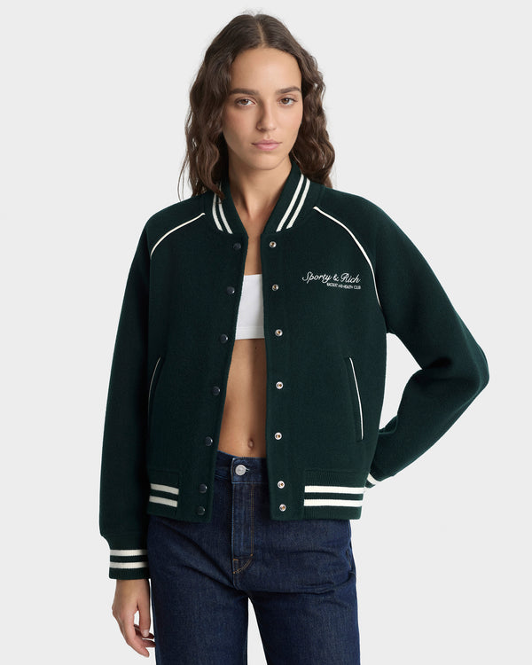 Sporty & Rich Syracuse Double Face Varsity Jacket - Forest/Ecru