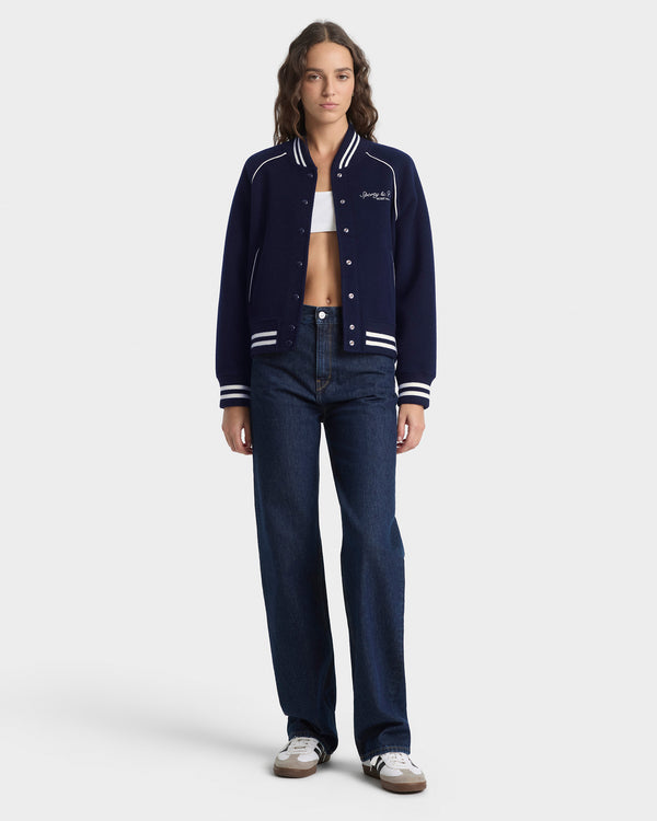 Sporty & Rich Syracuse Double Face Varsity Jacket - Navy/Ecru
