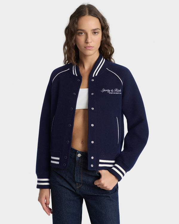Sporty & Rich Syracuse Double Face Varsity Jacket - Navy/Ecru