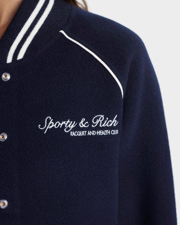 Sporty & Rich Syracuse Double Face Varsity Jacket - Navy/Ecru