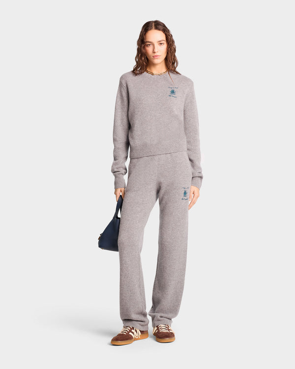 Sporty & Rich The Carlyle Crest Cashmere Crewneck - Heather Gray/Forest