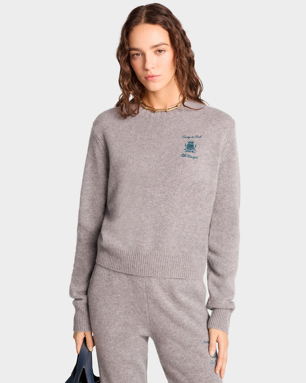 Sporty & Rich The Carlyle Crest Cashmere Crewneck - Heather Gray/Forest