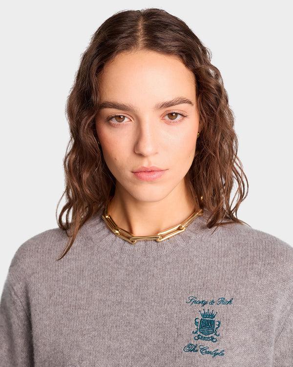 Sporty & Rich The Carlyle Crest Cashmere Crewneck - Heather Gray/Forest