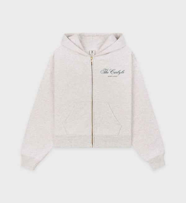 sporty & rich The Carlyle Script Cropped Zip Hoodie - Heather Gray/Forest