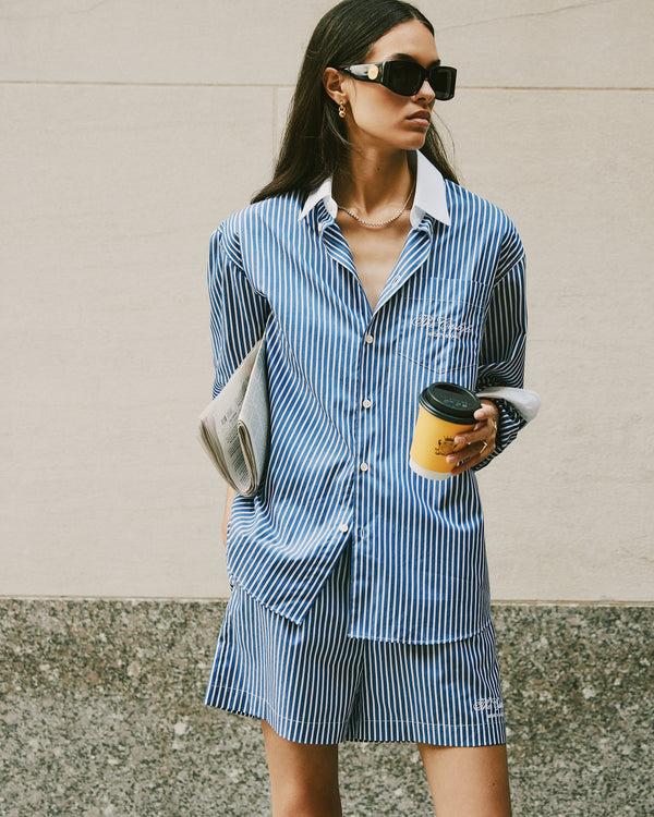 Sporty & Rich The Carlyle Script Oversized Shirt - Navy Striped