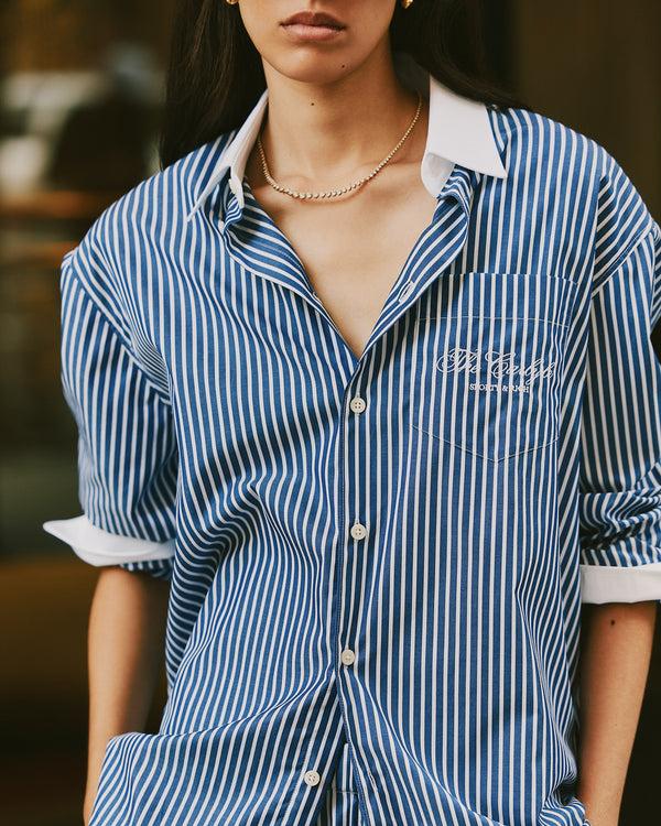 Sporty & Rich The Carlyle Script Oversized Shirt - Navy Striped