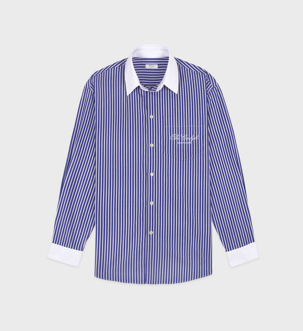 sporty & rich The Carlyle Script Oversized Shirt - Navy Striped