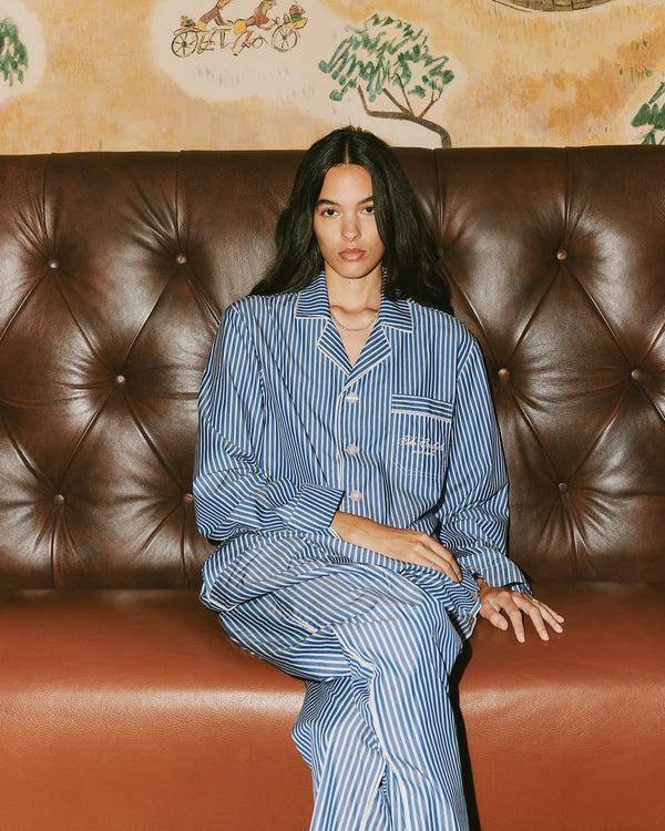 Sporty & Rich The Carlyle Script Pyjama Top - Navy Striped