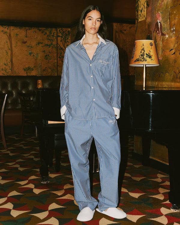 Sporty & Rich The Carlyle Script Pyjama Top - Navy Striped