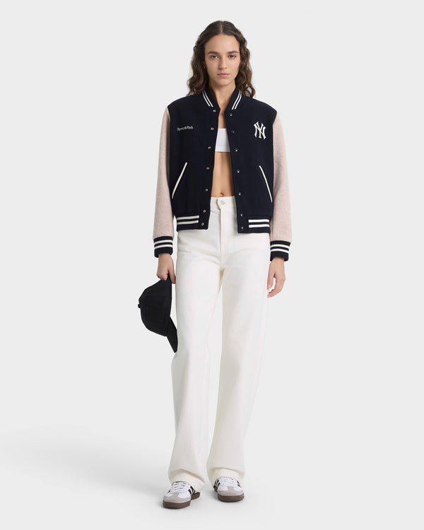 Sporty & Rich Yankees Curve Wool Varsity Jacket - Navy/Ecru