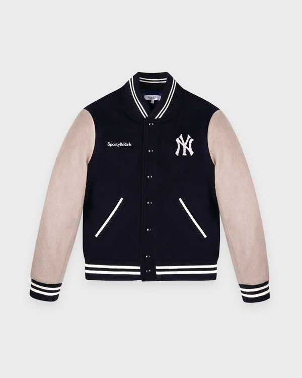 sporty & rich Yankees Curve Wool Varsity Jacket - Navy/Ecru
