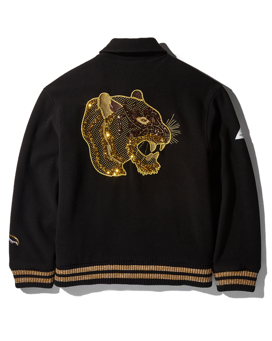 sprayground A.I.9 AFRICAN INTELLIGENCE GUILDED LEOPARD - SANDFLOWER COLLAB VARSITY JACKET