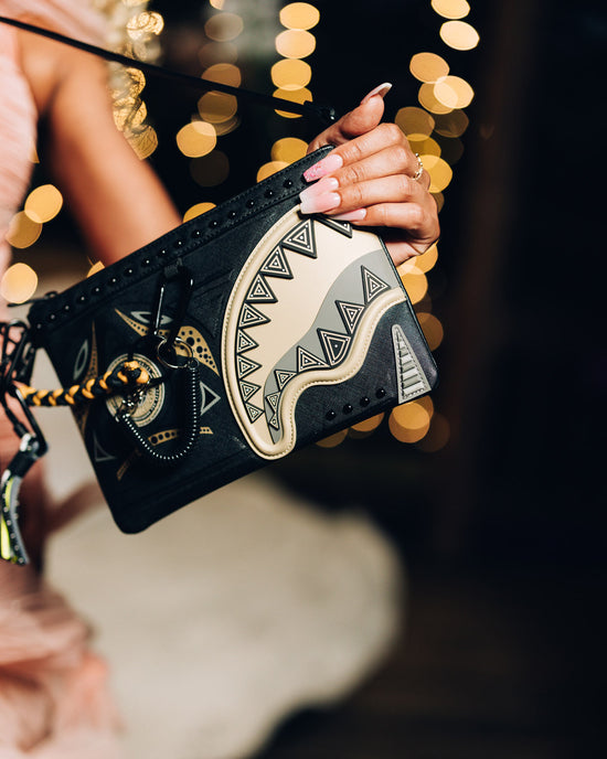 Sprayground A.I. AFRICAN INTELLIGENCE SHARKS OF THE GOLD OCEAN CROSSOVER CLUTCH - SANDFLOWER COLLAB