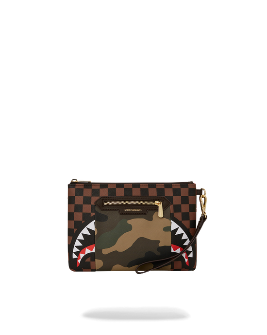 sprayground EXTERIOR GOLD ZIP POCKET SHARKS IN PARIS CROSSOVER CLUTCH