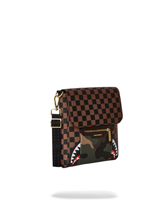 Sprayground EXTERIOR GOLD ZIP POCKET SHARKS IN PARIS MESSENGER SLING BAG
