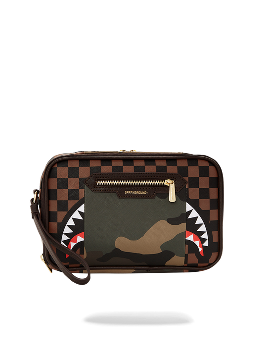 sprayground EXTERIOR GOLD ZIP POCKET SHARKS IN PARIS TOILETRY BRICKSIDE BAG