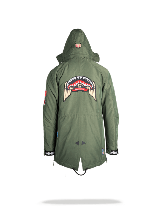 Sprayground GREEN ARMY PATCHES LONG PARKA HOODY MENS (SIZE SMALL)
