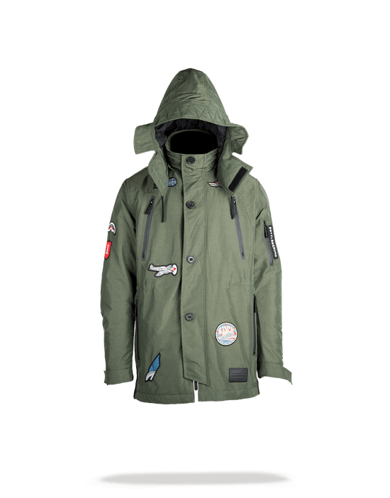 sprayground GREEN ARMY PATCHES LONG PARKA HOODY MENS (SIZE SMALL)