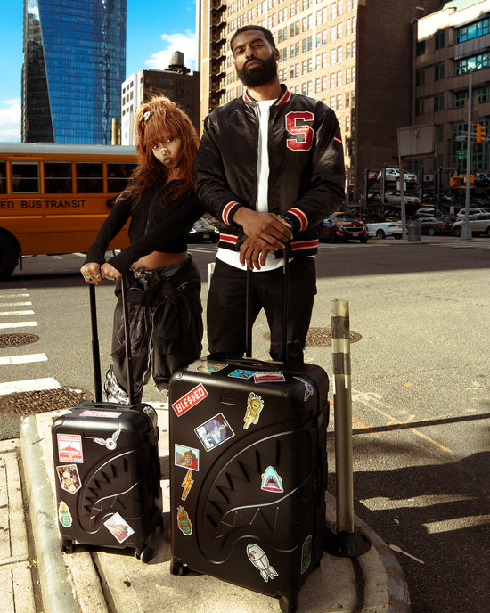 Sprayground THE JOURNEY BEGINS SHARKITECTURE CARRY-ON LUGGAGE BLACK WITH EXTRA STICKERS