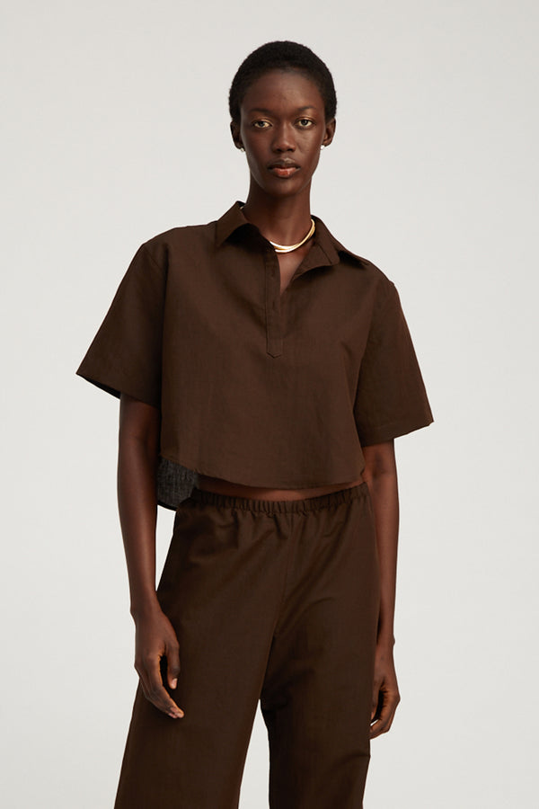 sprwmn Americano Linen Cropped Henley Shirt Americano