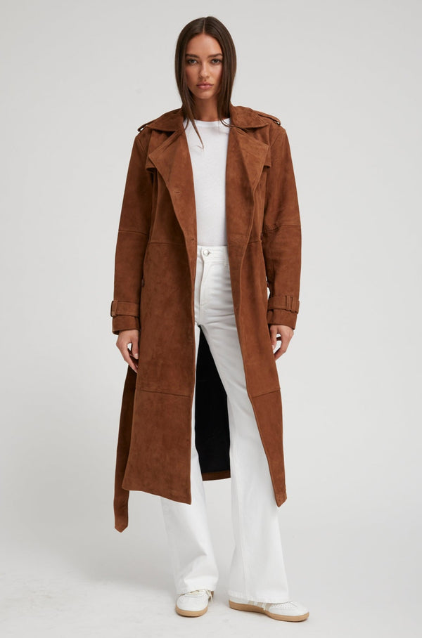 sprwmn Belle de Jour Cognac Suede Trench Dark Cognac
