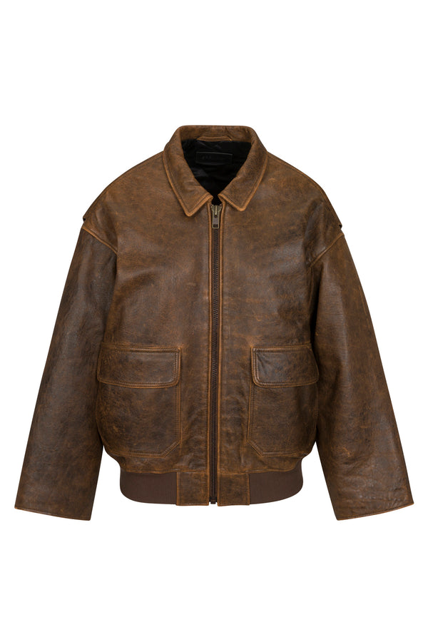 Sprwmn Brown Distressed Leather Aviator Jacket Brown