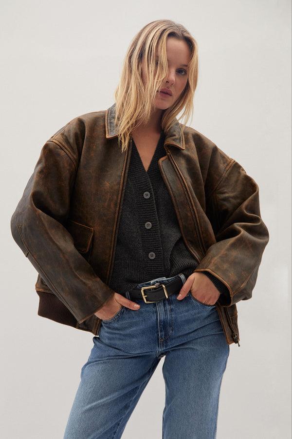 sprwmn Brown Distressed Leather Aviator Jacket Brown