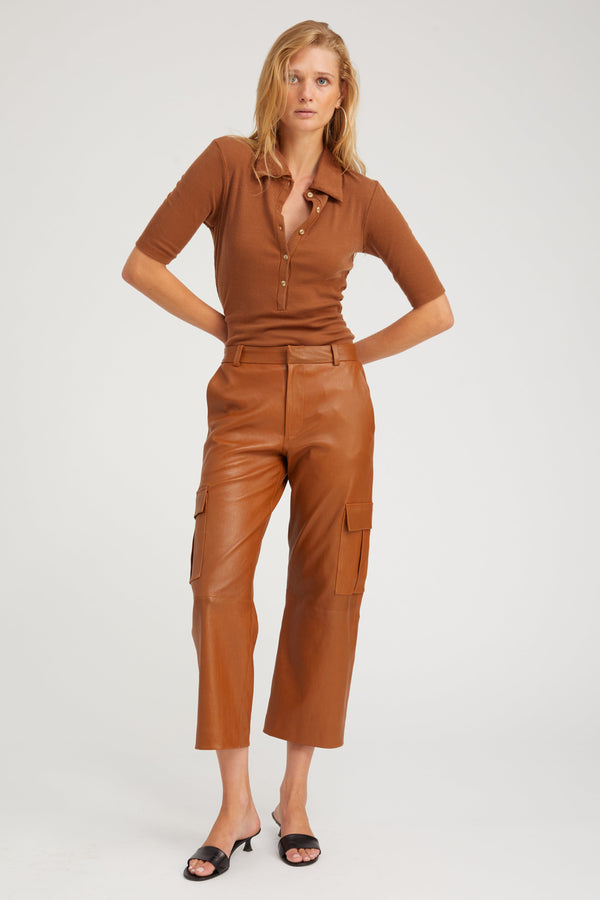 sprwmn Chestnut Leather Cropped Cargo Trousers Chestnut