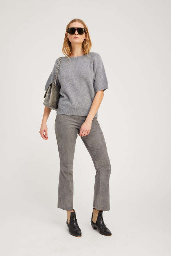 Sprwmn Grey Suede Ankle Flare Pants With Princess Seams CASTLE GREY