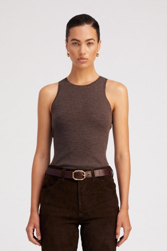 Sprwmn Heather Brown Ultra Fine Cashmere Racer Tank Heather Brown