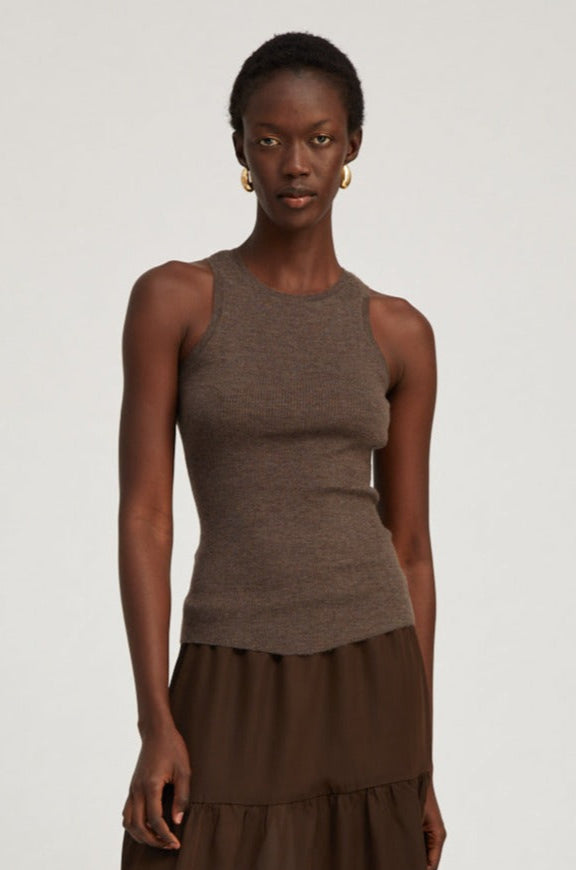 sprwmn Heather Brown Ultra Fine Cashmere Racer Tank Heather Brown