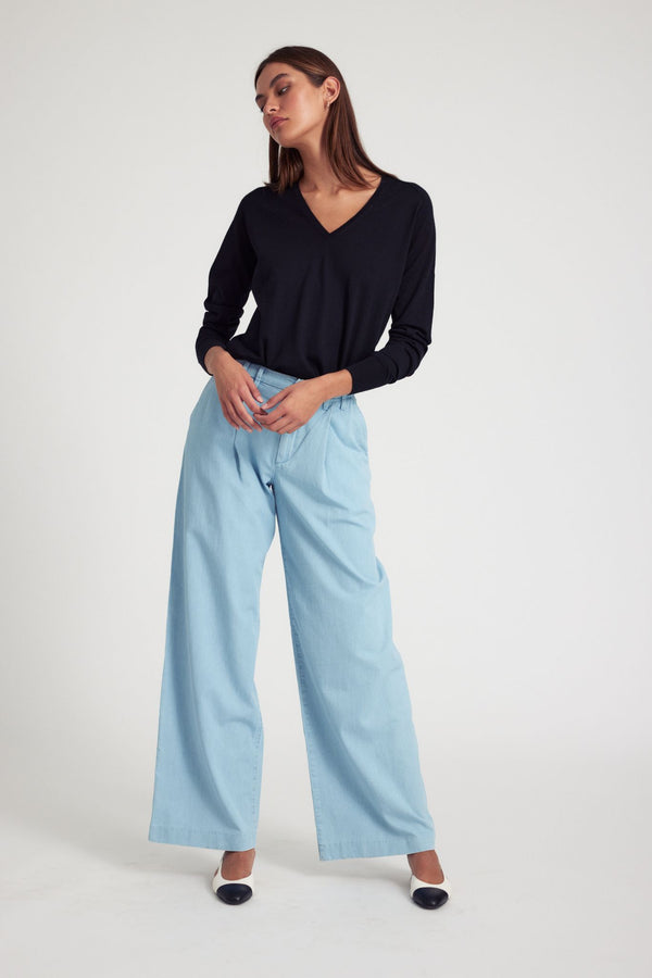 Sprwmn Light Blue Chambray Pleated Trousers Charlie