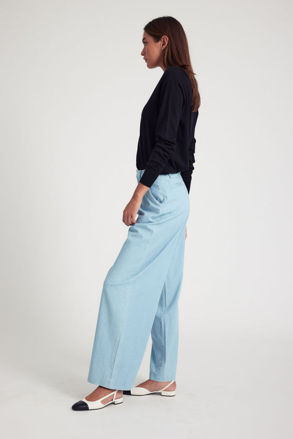Sprwmn Light Blue Chambray Pleated Trousers Charlie