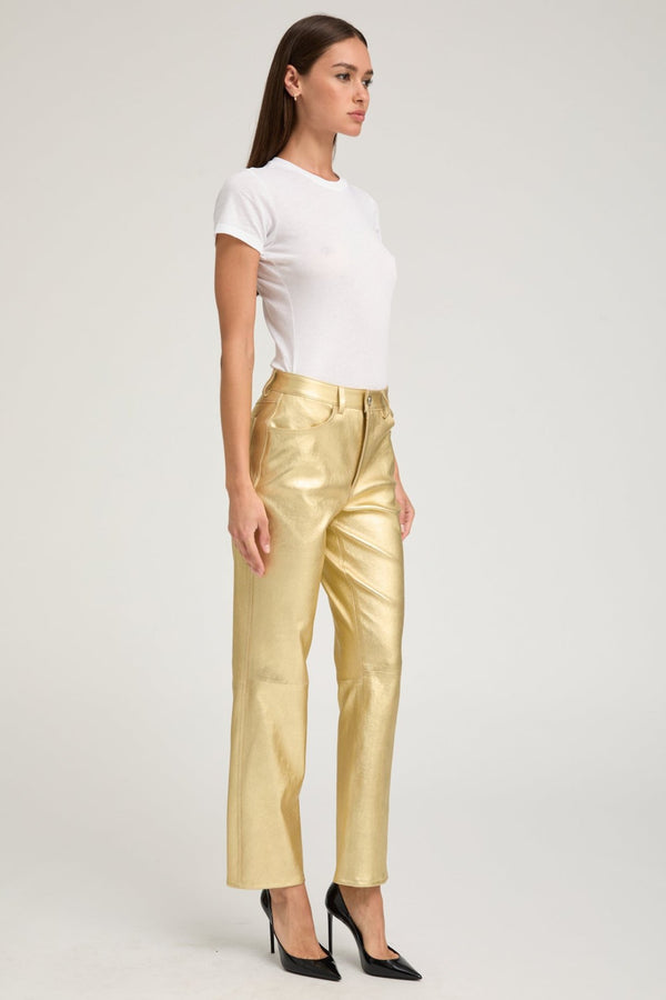 sprwmn Metallic Gold Leather 5 Pocket Ankle Slim Straight Gold