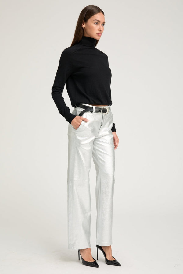 Sprwmn Metallic Silver Leather Classic Trousers Silver