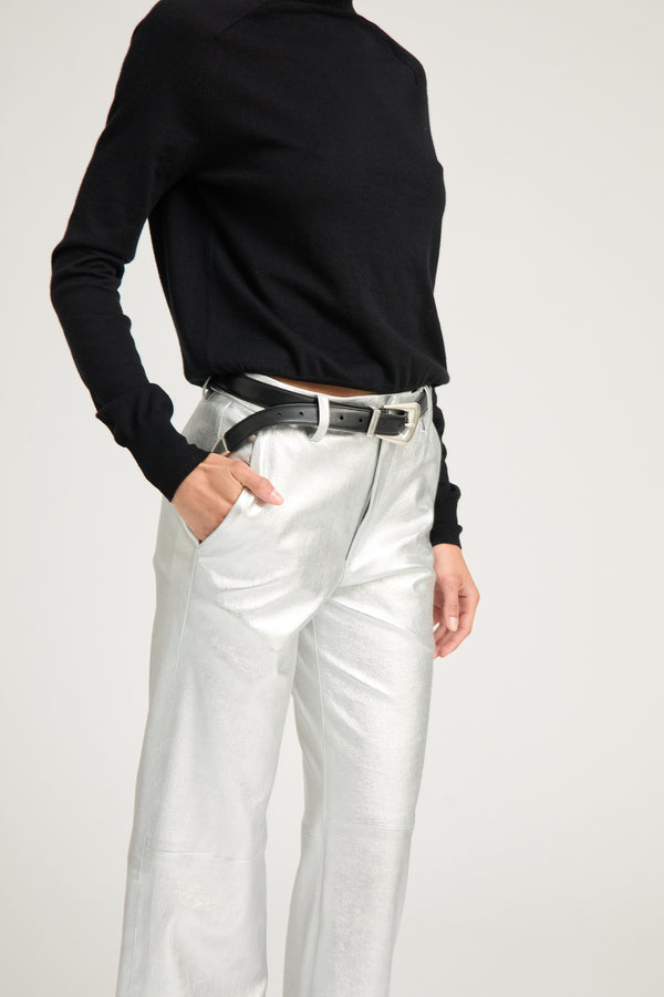 Sprwmn Metallic Silver Leather Classic Trousers Silver