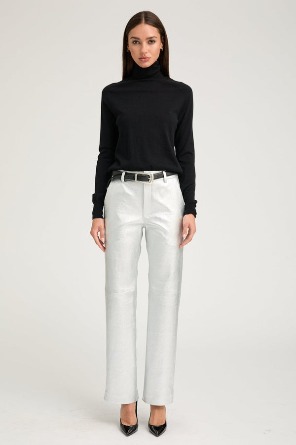 sprwmn Metallic Silver Leather Classic Trousers Silver