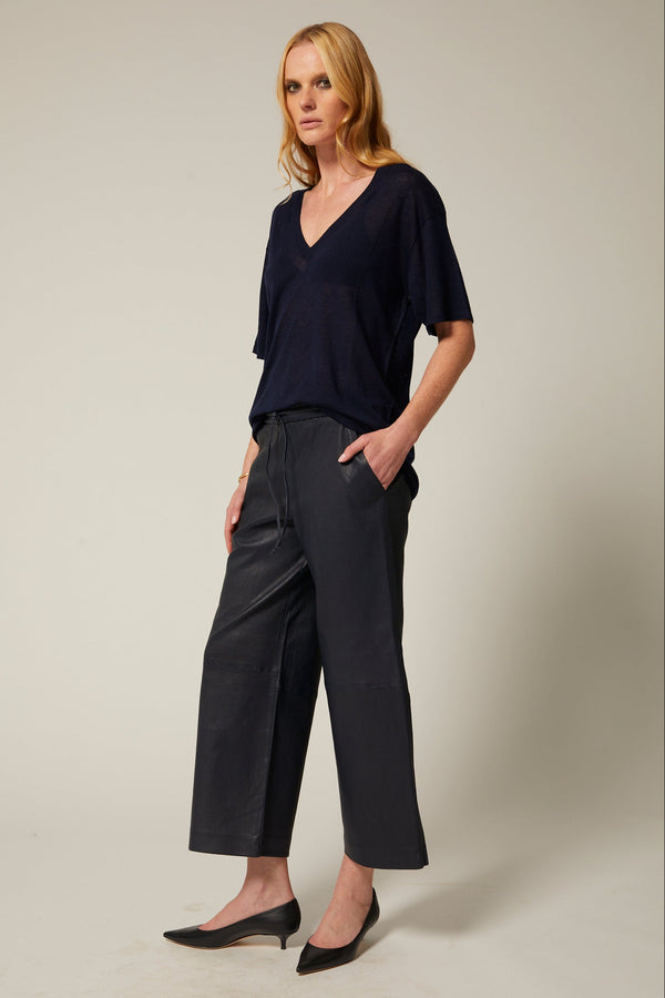 Sprwmn Midnight Leather Cropped Baggy Pants Midnight