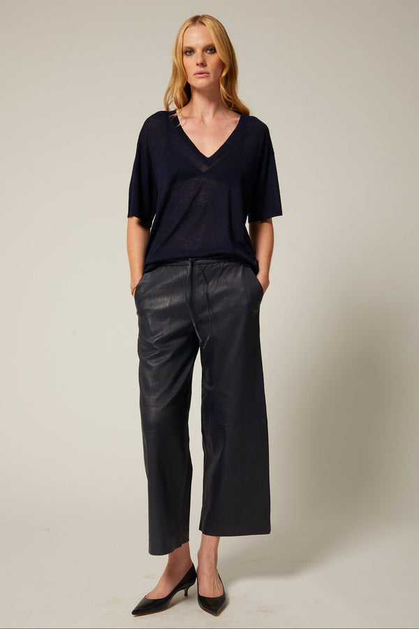 sprwmn Midnight Leather Cropped Baggy Pants Midnight